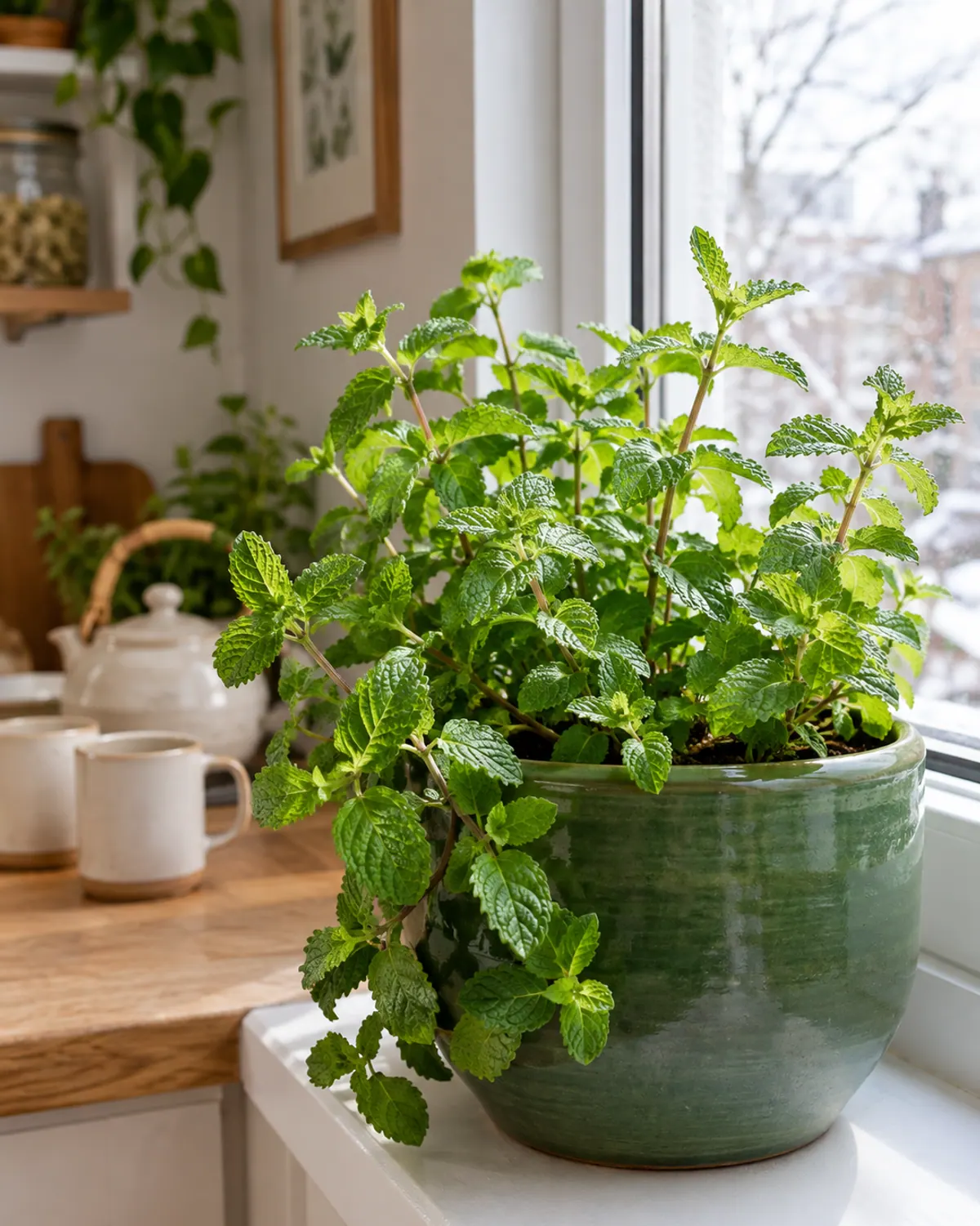 Spearmint spilling over a green glazed pot on an east-facing kitchen windowsill in winter