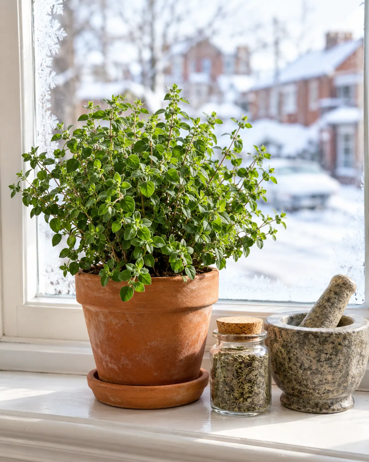 Greek oregano in a terracotta pot on a white windowsill with a jar of dried herbs and a mortar and pestle