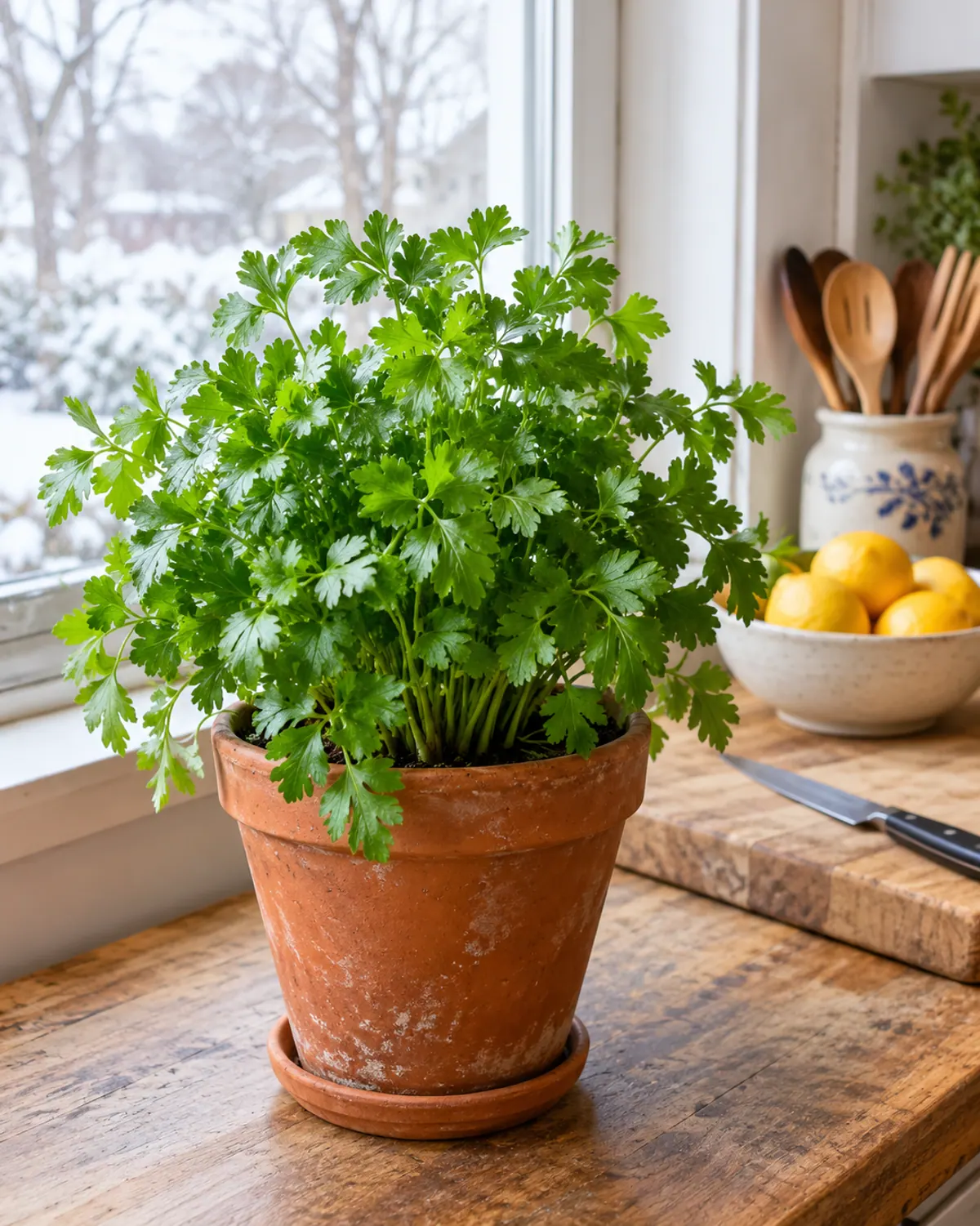 Bushy flat-leaf parsley growing indoors in a deep terracotta pot beside a winter kitchen window