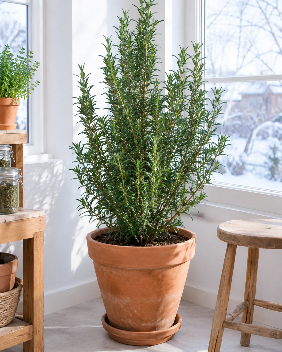 Upright rosemary in a large terracotta pot beside a bright, cool sunroom window in winter