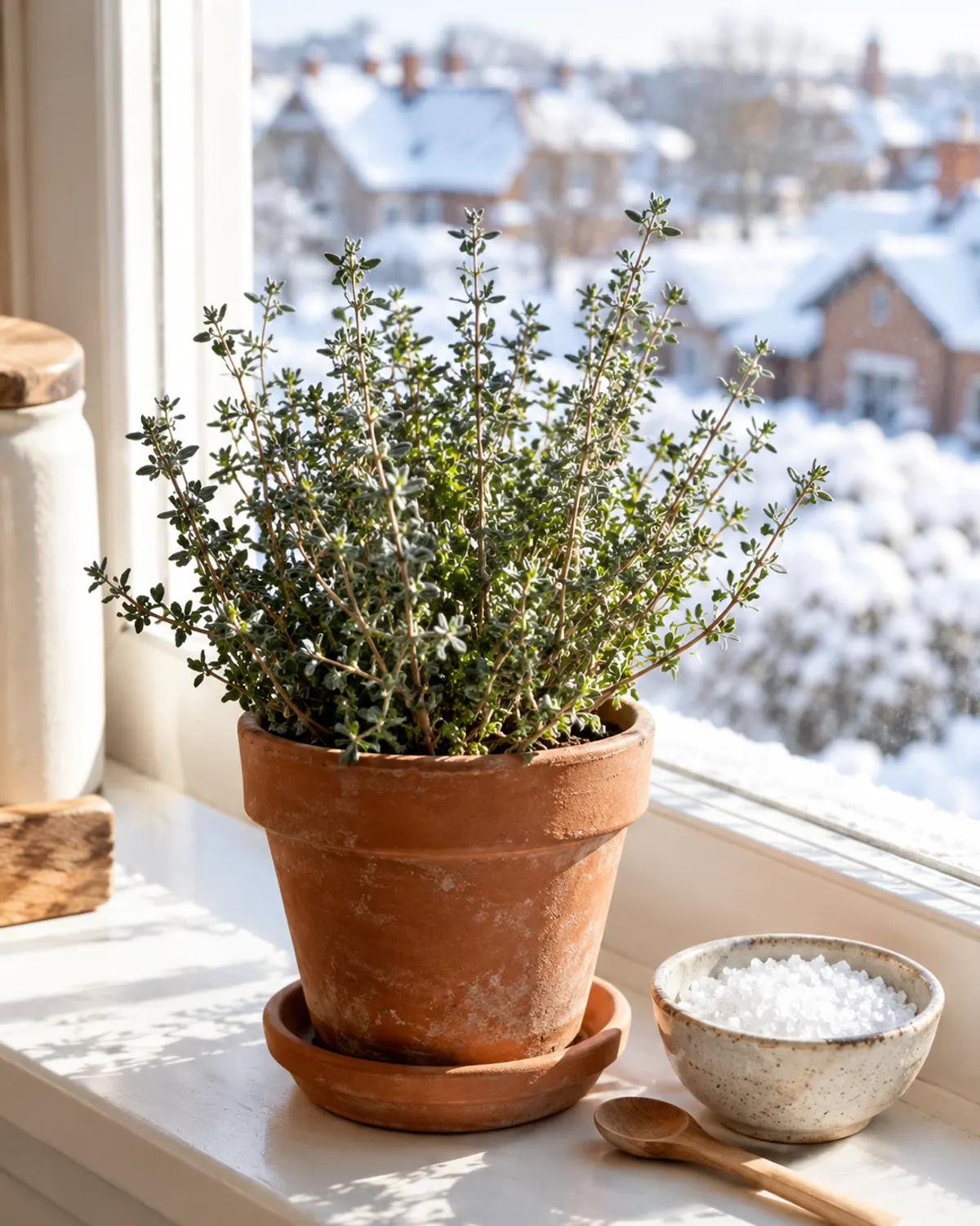 English thyme in a small terracotta pot on a sunny south-facing windowsill with snowy rooftops outside