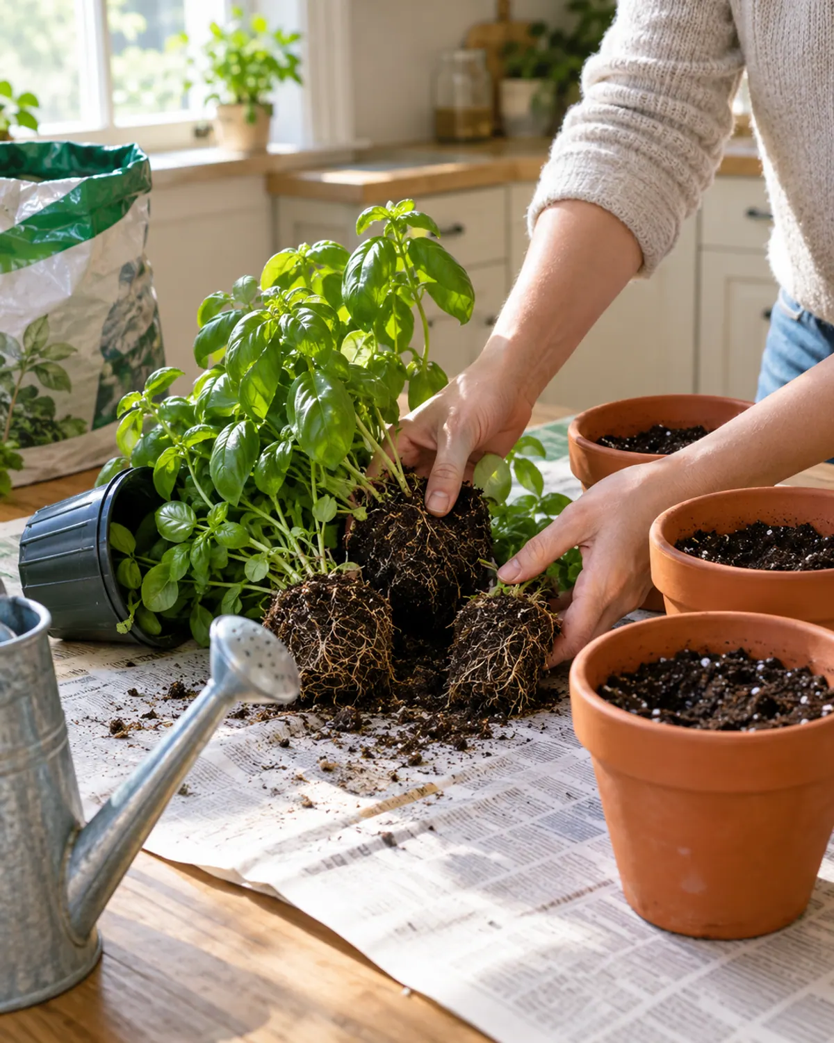 Hands dividing a crowded grocery store basil pot into three clumps with roots beside three small terracotta pots