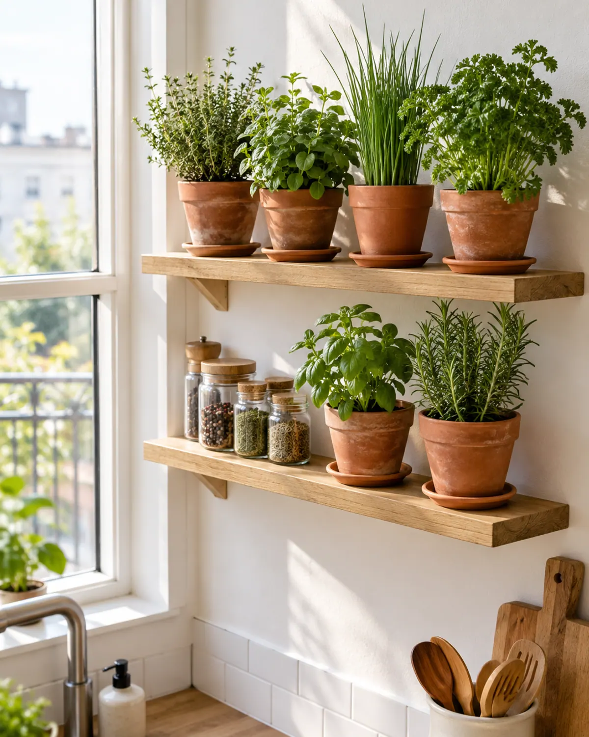 Kitchen herb garden indoor wall: two narrow floating wood shelves beside a bright window with small pots of thyme, oregano, chives and parsley