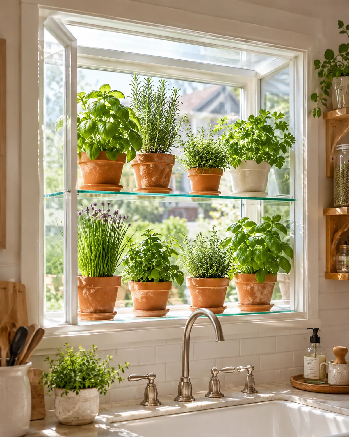 Box-shaped garden window above a kitchen sink with glass shelves of basil, rosemary, thyme, parsley and chives