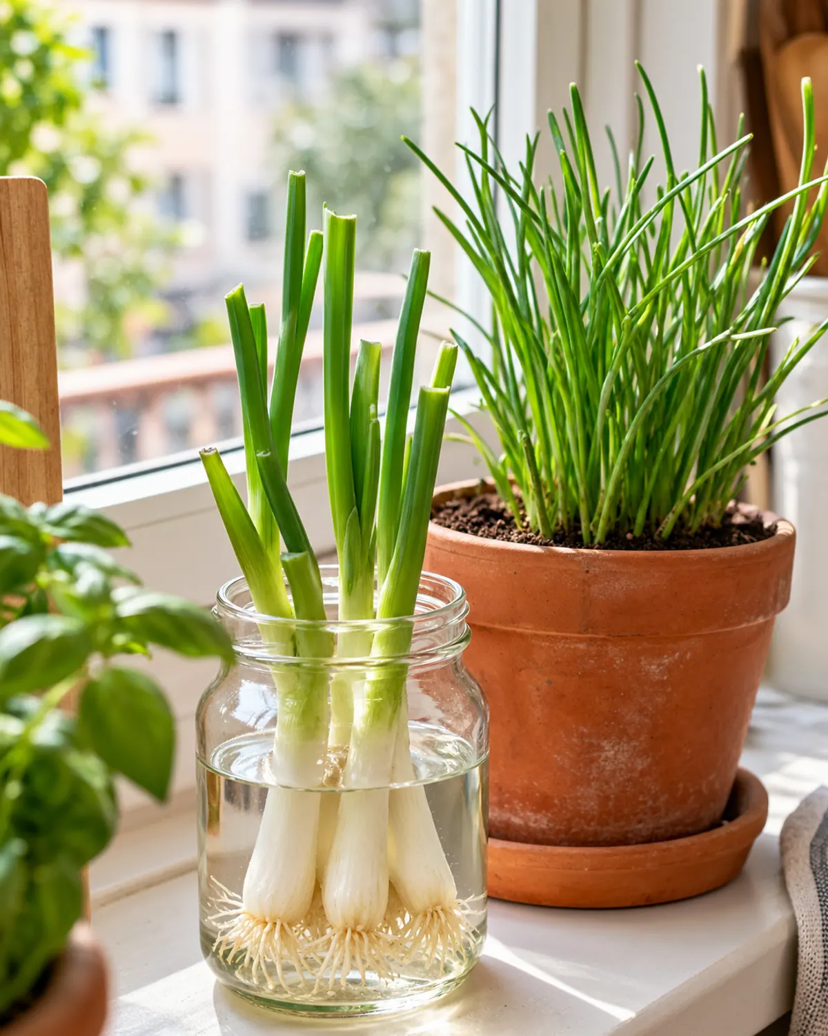Green onion root ends regrowing new green shoots in a small glass jar of water on a kitchen windowsill