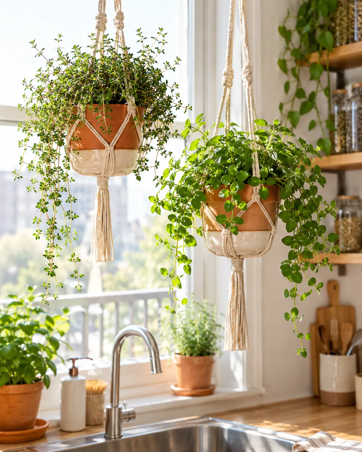Two ceramic hanging planters on macrame hangers in a kitchen window with trailing thyme and oregano