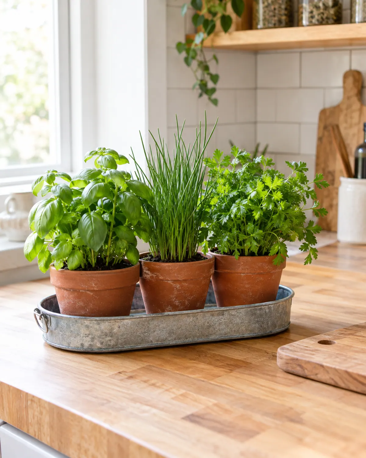Kitchen herb garden tray with small terracotta pots of basil, chives and parsley beside a cutting board near a bright window