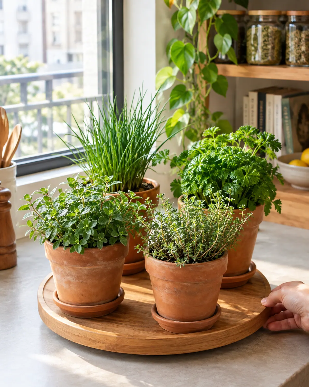 Wooden lazy Susan turntable holding small pots of oregano, thyme, chives and parsley on a kitchen counter by a window
