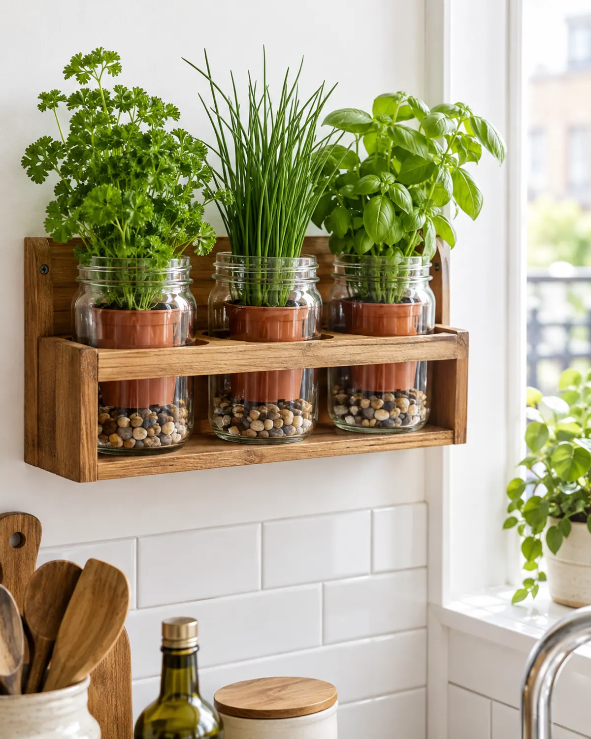 Wooden wall rack holding glass jars used as cover pots, each with a nursery pot of parsley, chives or basil on pebbles
