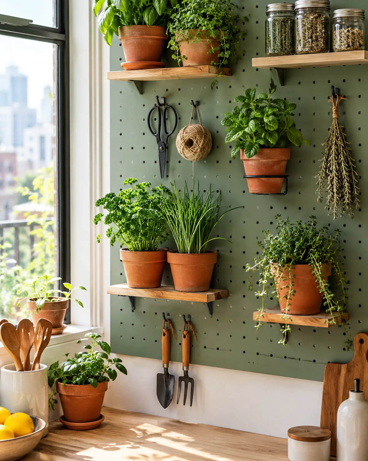 Sage green pegboard on a kitchen wall by a window with small shelves holding potted mint, parsley and chives plus hanging scissors