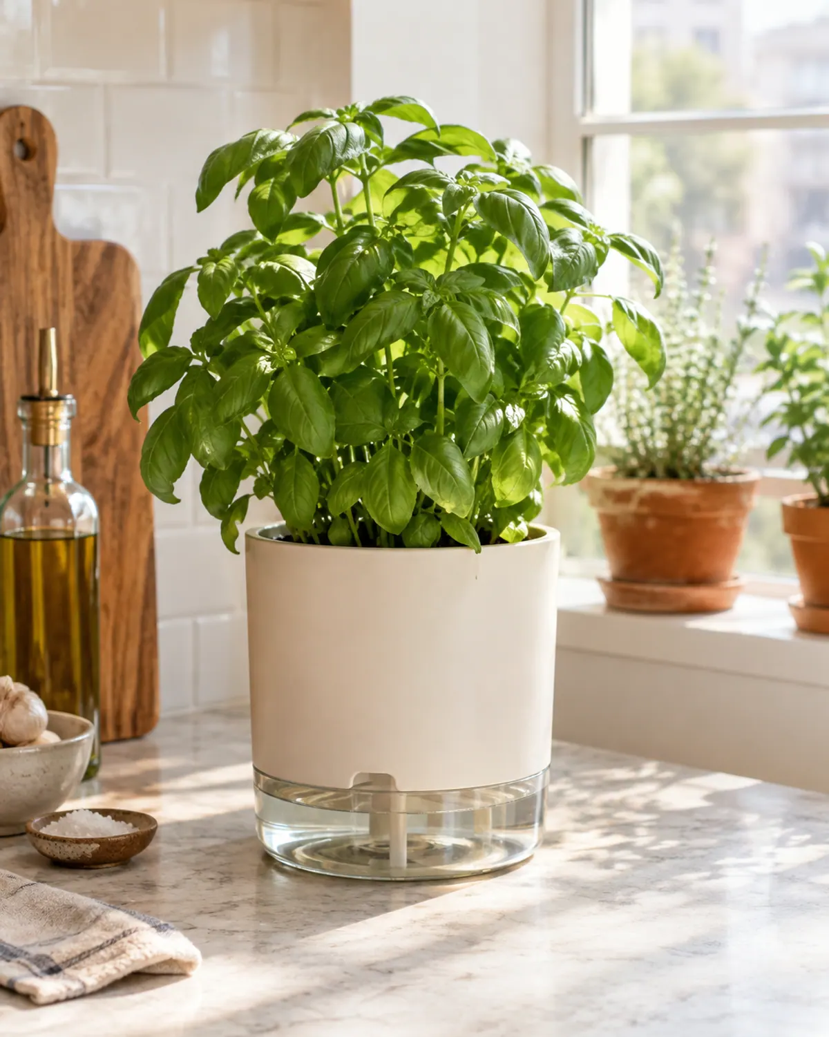 Lush basil plant in a self-watering ceramic planter with a water reservoir on a sunny kitchen counter