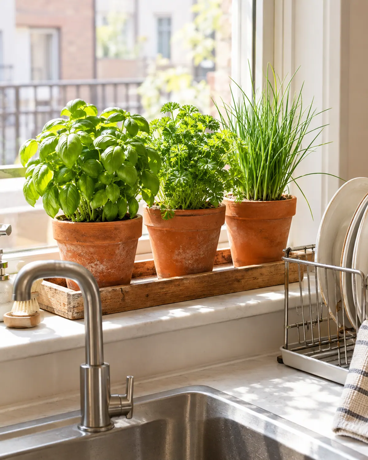 Windowsill herb garden in a kitchen: terracotta pots of basil, parsley and chives on a long wooden tray behind the sink