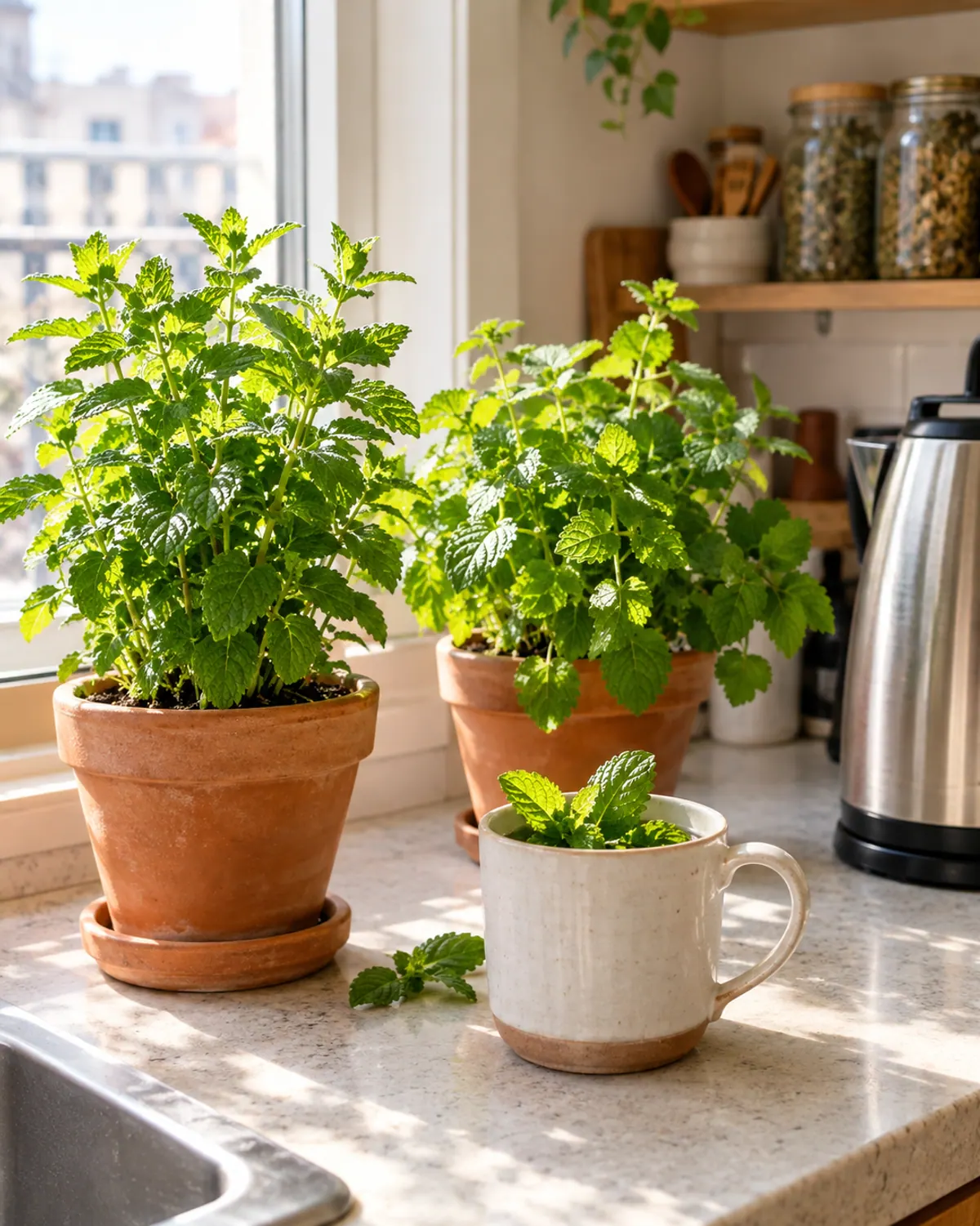 Terracotta pots of spearmint and lemon balm on a sunny kitchen counter near a kettle and a mug with fresh mint leaves