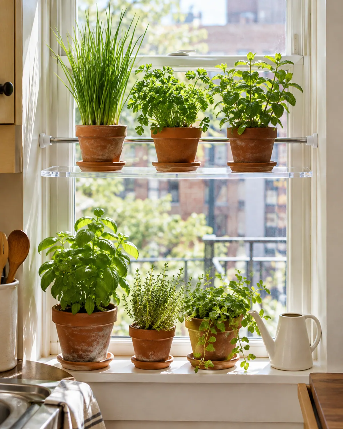 Clear acrylic shelf on a tension rod across a kitchen window holding pots of chives, parsley and mint above more pots on the sill