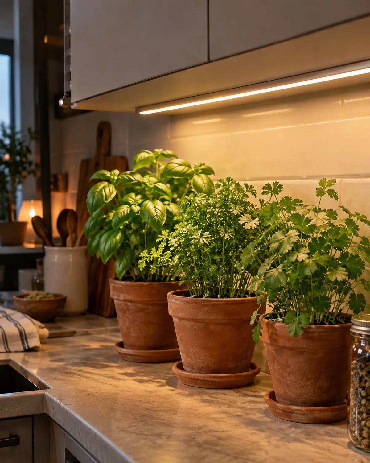 Slim LED grow light strip under a kitchen cabinet shining on a row of potted basil, parsley and cilantro on the counter