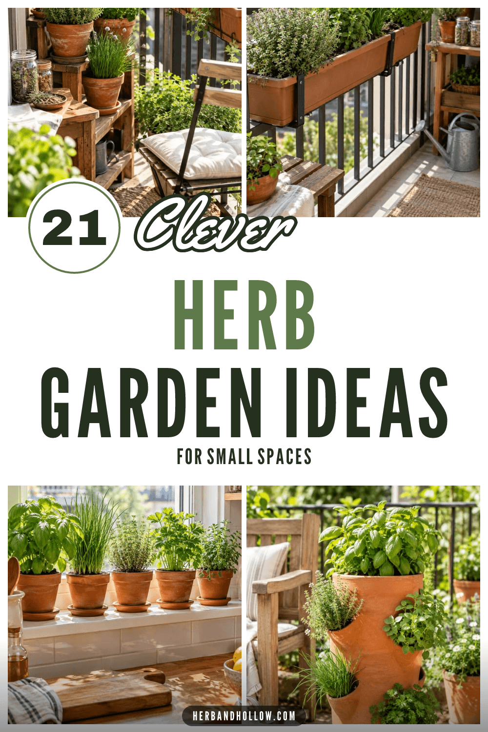 Pinterest pin with four photos of small herb gardens on a balcony, a railing, a windowsill and in a strawberry pot, with the text 21 Clever Herb Garden Ideas for small spaces.