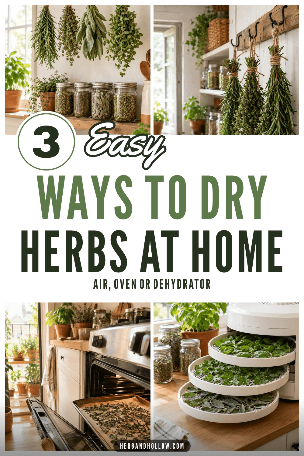 Pinterest pin with four photos of herb bundles hanging to dry, an oven tray and dehydrator trays of herbs, with the text 3 Easy Ways to Dry Herbs at Home, air, oven or dehydrator.